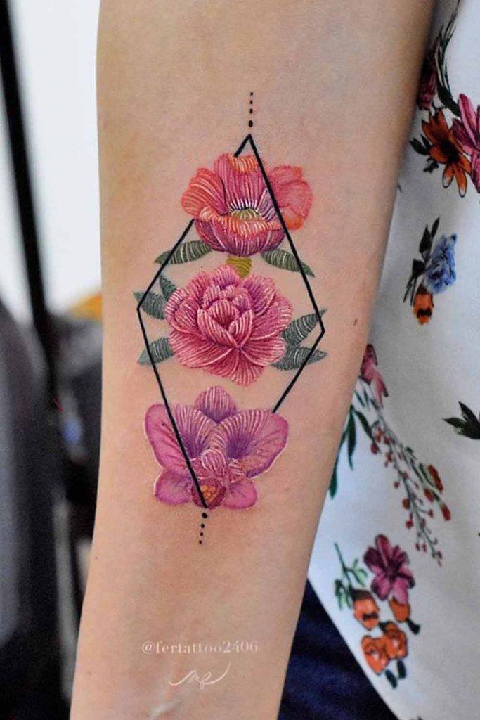 Floral Embroidery Tattoo Idea With Geometric Elements