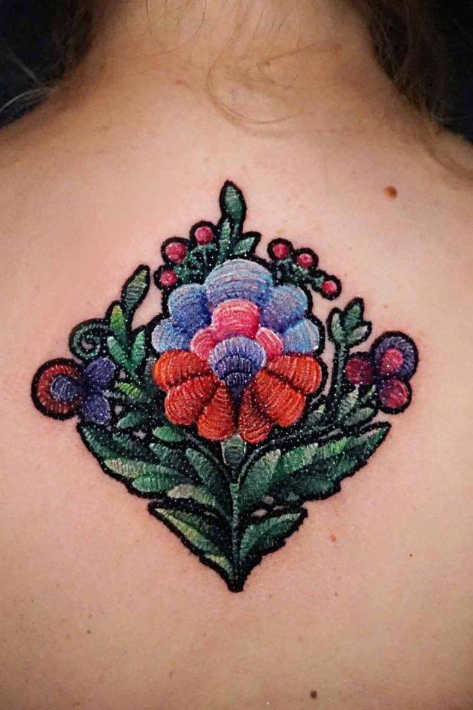 Embroidered Flower Tattoo Design For Back