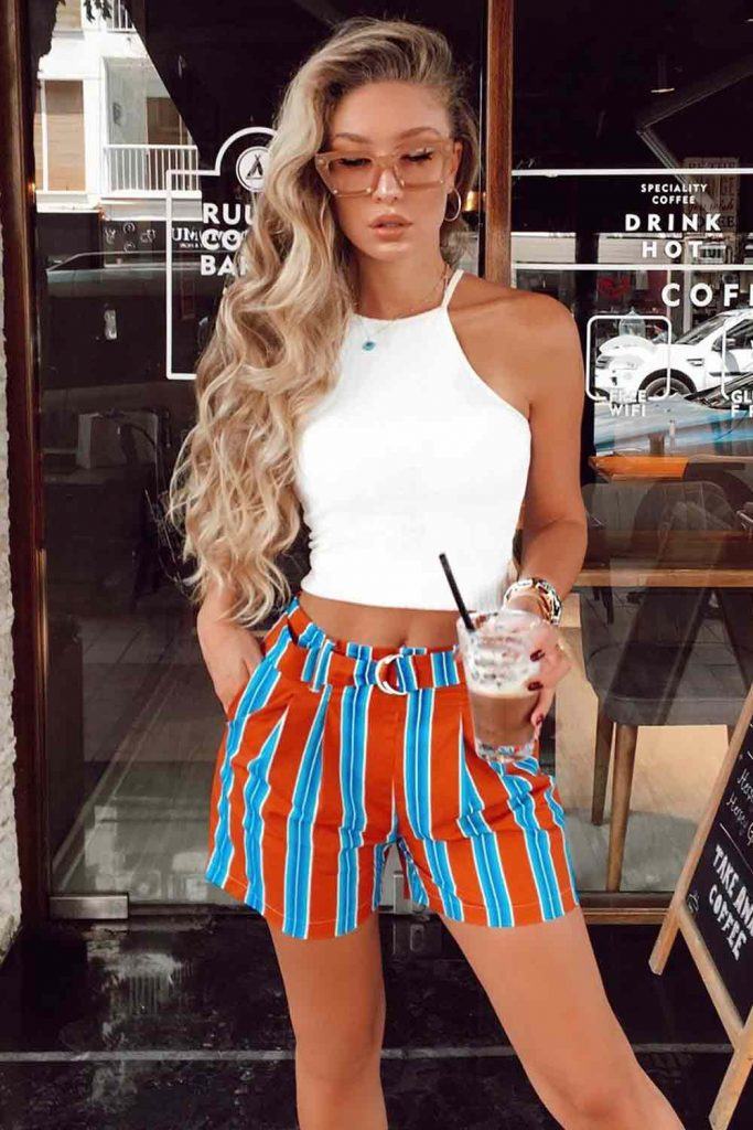 Striped Shorts With White Top #stripedshorts #whiteshirt