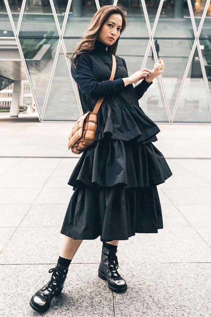 Black Tea-length Dress With Ruffles #blackdress #combatboots