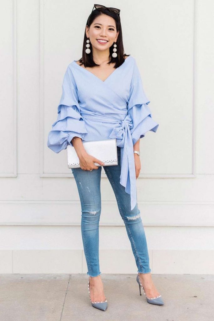 Blue Top With Long Ruffled Sleeves #bluetop #ruffledsleeves