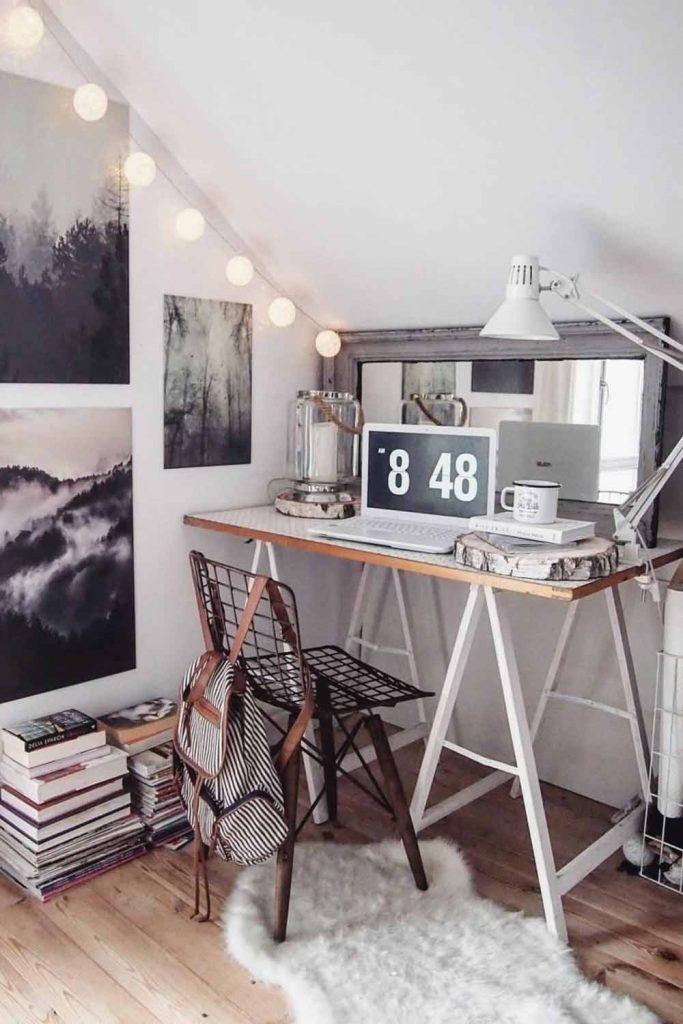 Loft Home Office Design #stringlights #lamp