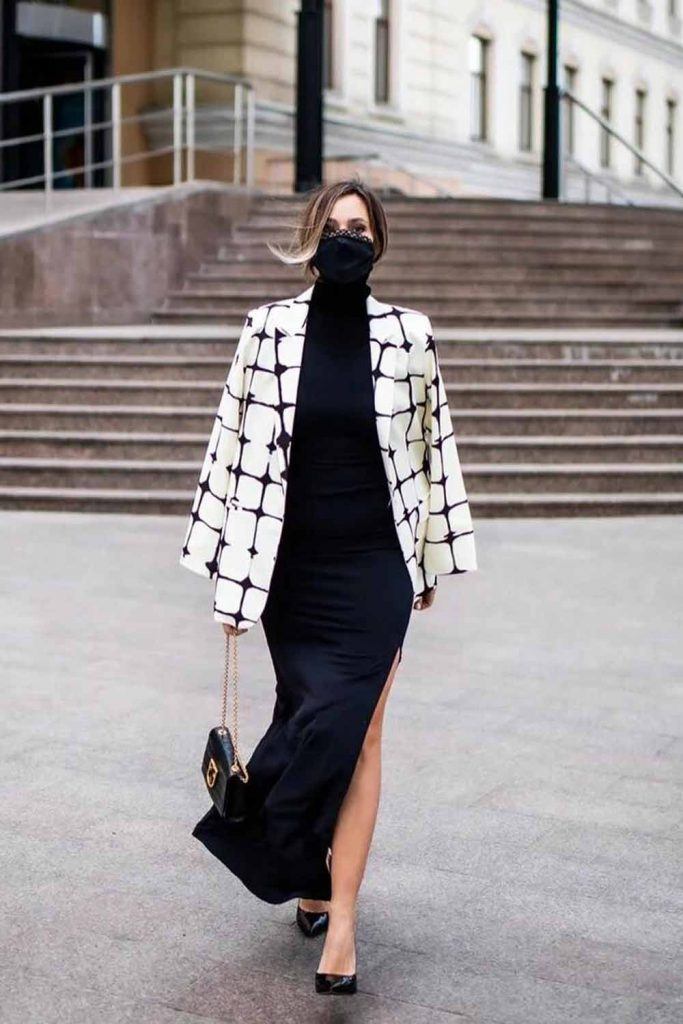 Black Maxi Dress With White Plaid Jacket #maxidress