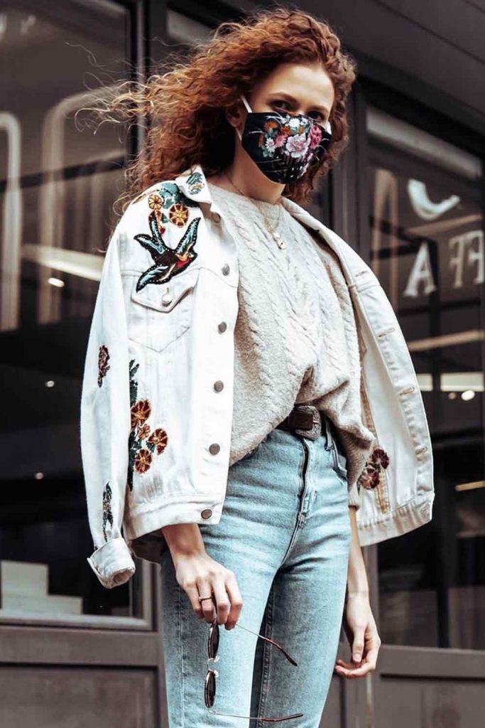 Casual Outfit With Knitted Sweater And Floral Mask #floralmask