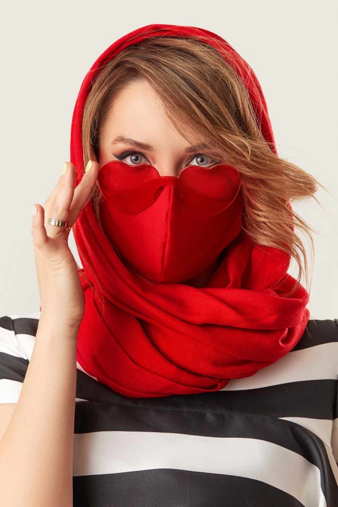 Red Mask with Red Scarf Over Head