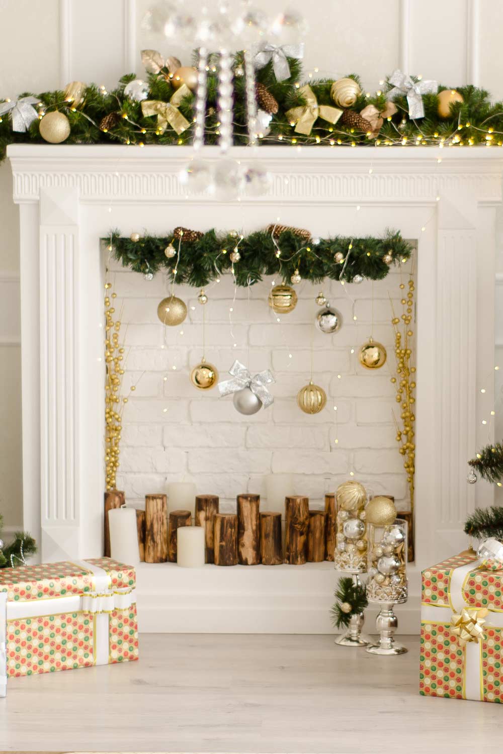 White Colored Fireplace with Garlands