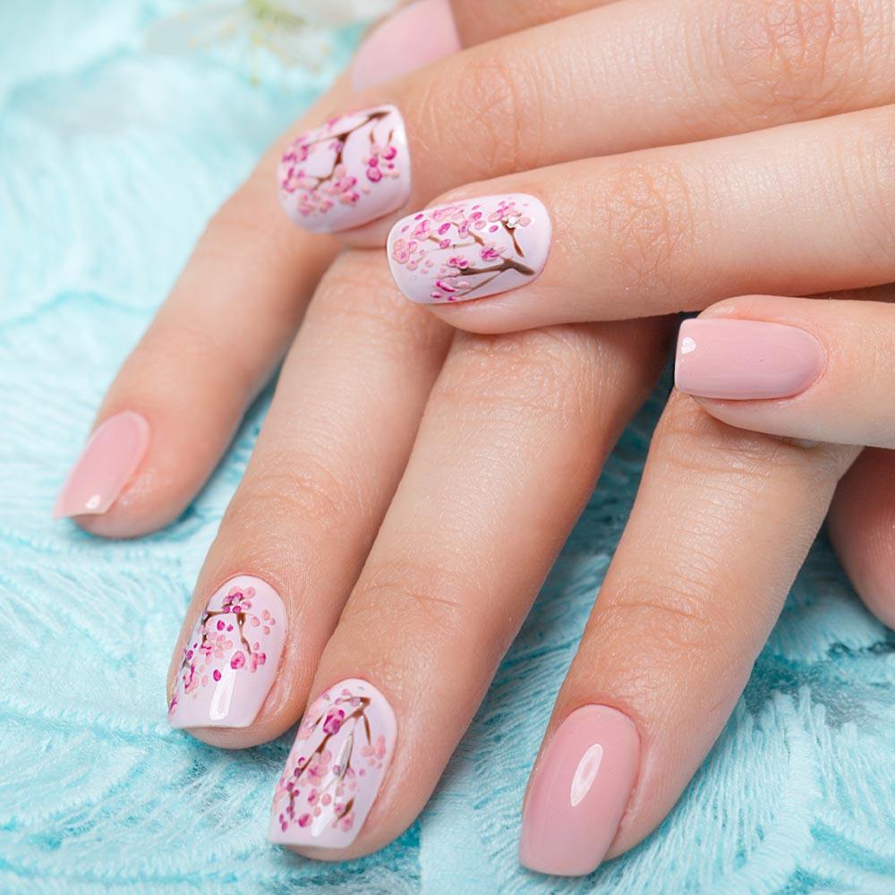 Pink Acrylic Nails with Trees