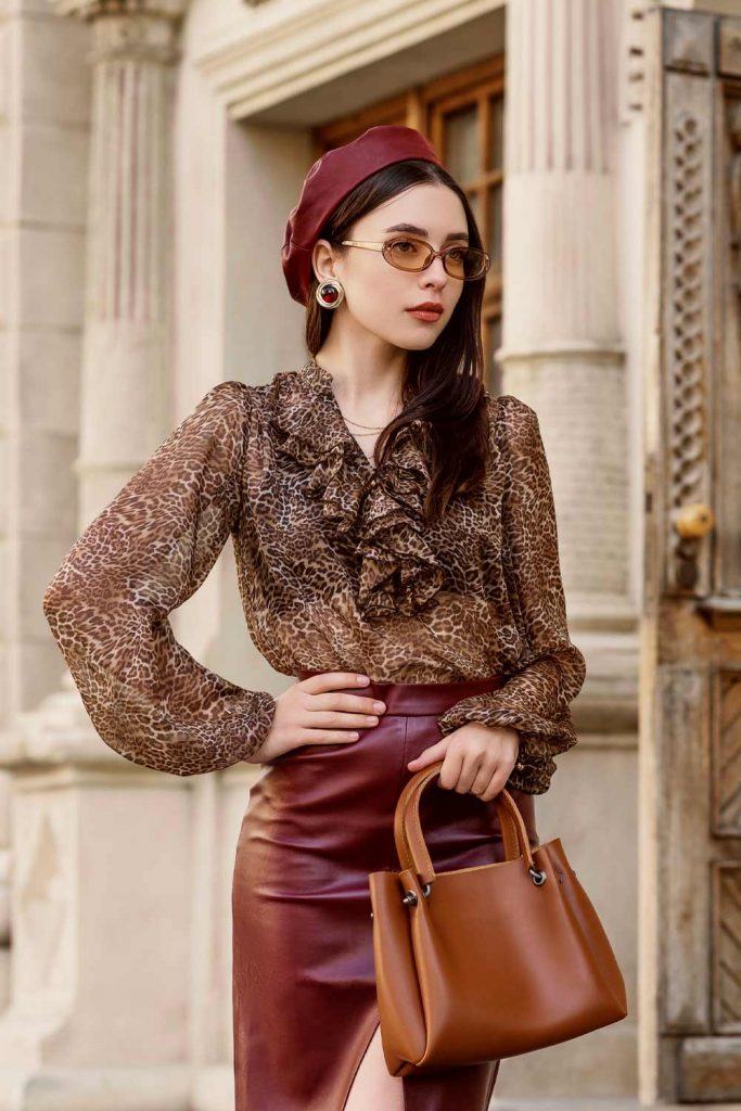 Leopard Blouse with Leather Skirt