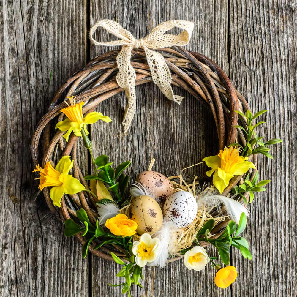 Spring Wreath with Yellow Flowers and Eggs