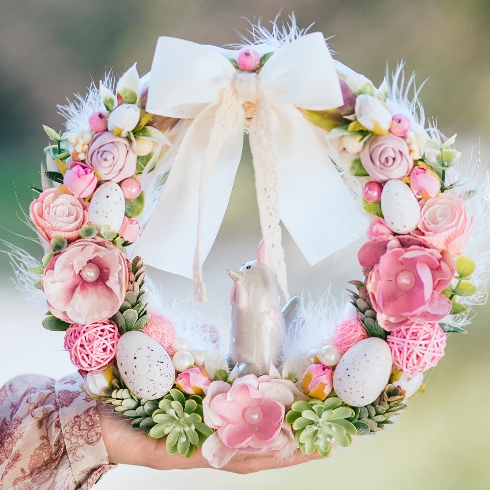 Pastel Pink Door Wreath with Eggs