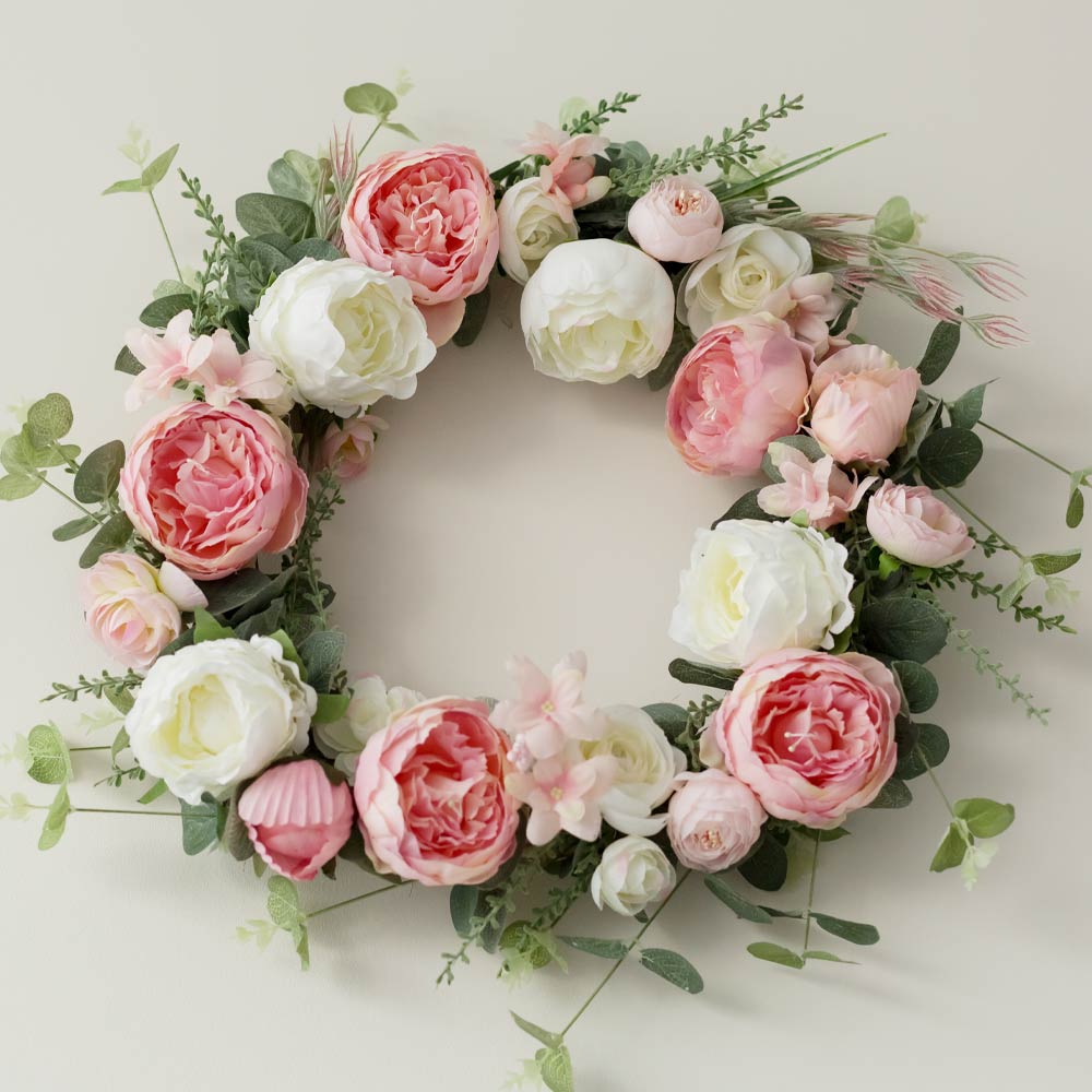 Spring Wreath with White and Pink Roses