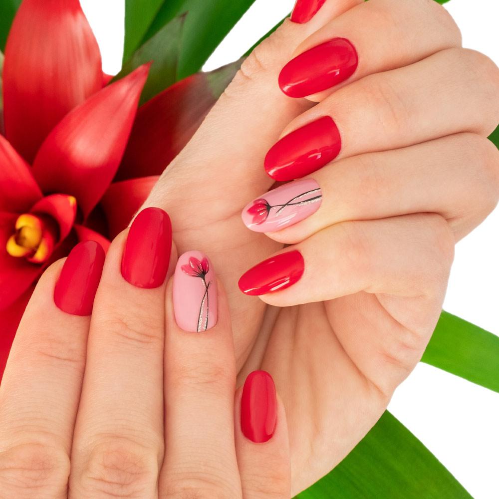 Bright Red Nails with Flowers