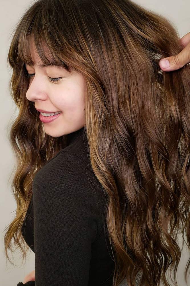 Brown Wavy Hair with Bangs