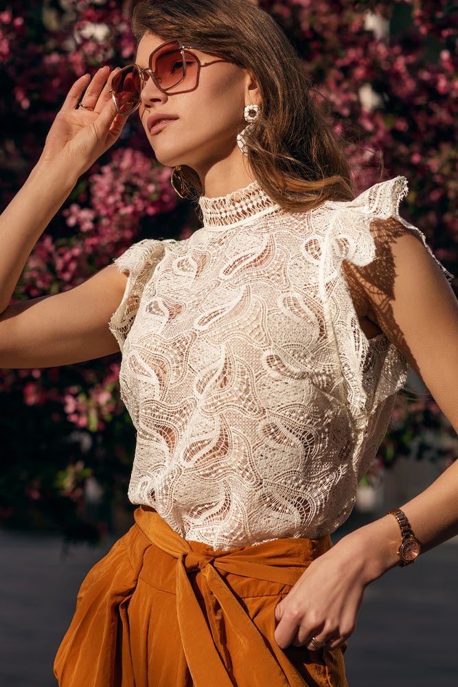 White Lace Ruffled Blouse