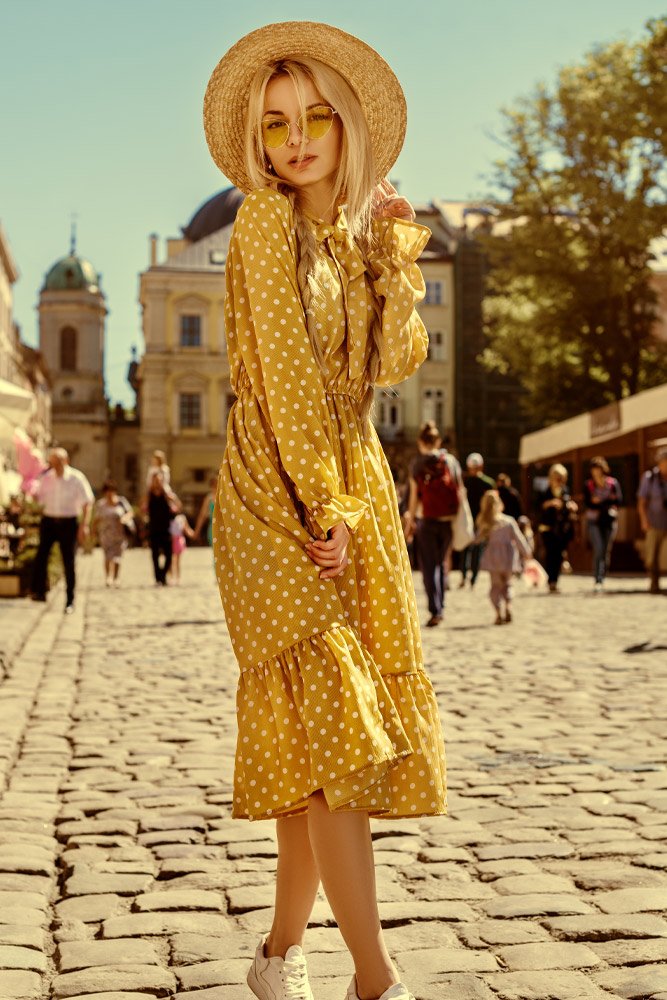 Yellow Midi Dress with Polka Dots