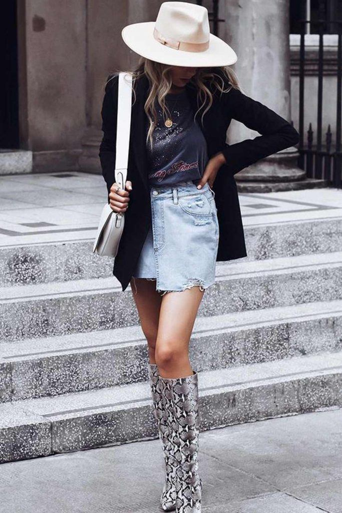 Back to School Outfits with Blazer and Denim Skirt