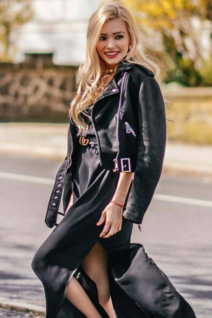 Leather Jacket and Long Maxi Dress Outfits