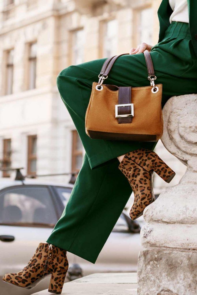 Green dress with outlet leopard shoes