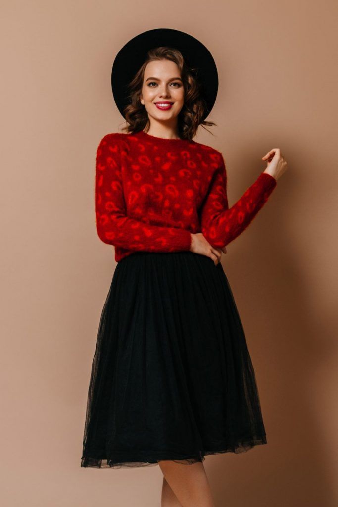 Cute Valentines Day Outfits with Black Dress and Red Sweater