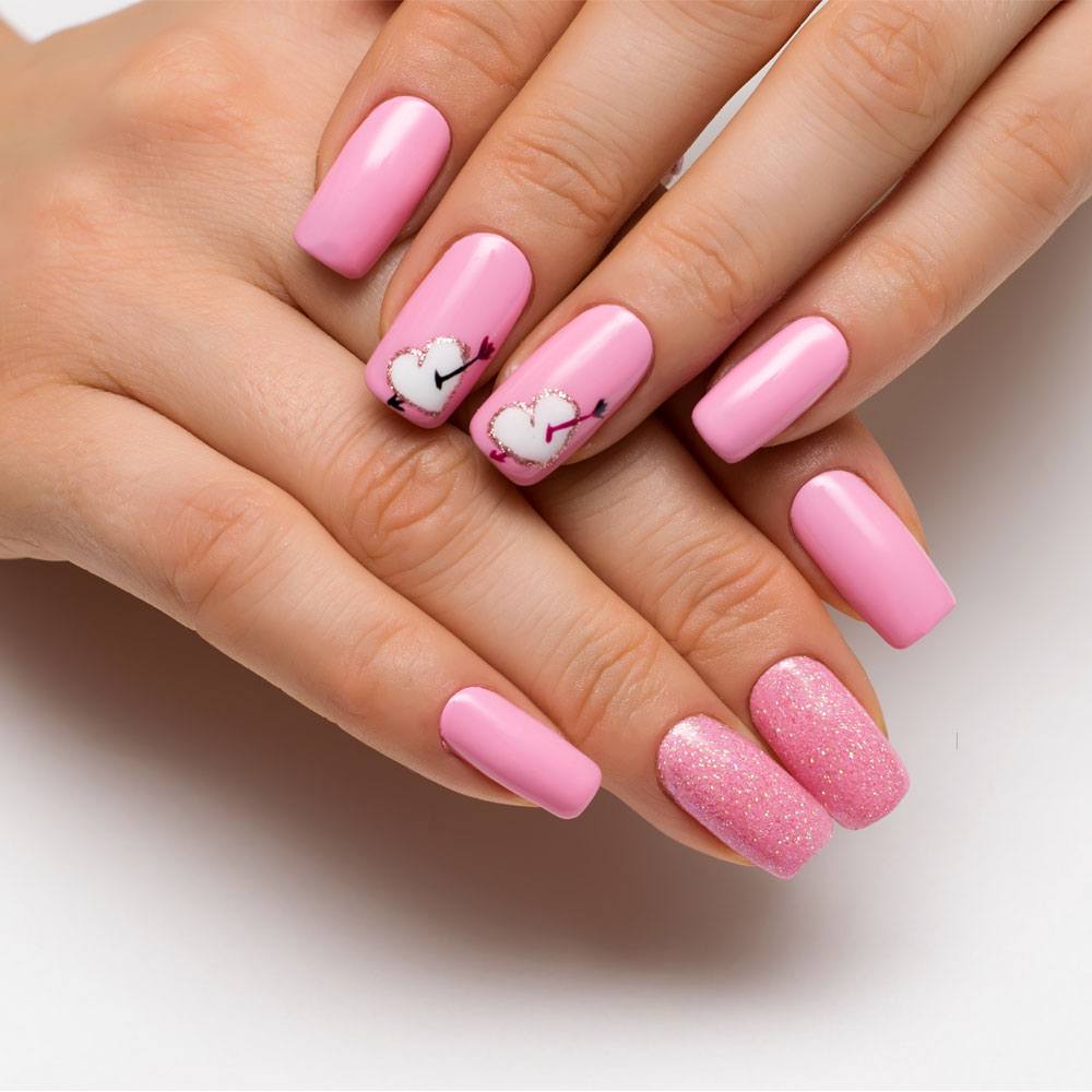 Pink Valentines Day Nails With Cute Hearts