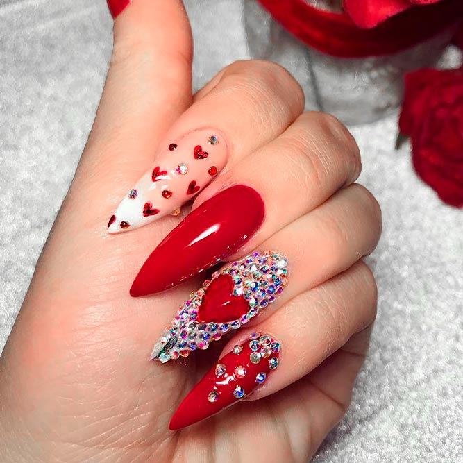 Stunning Heart Nail Design With Rhinestones #rednails #pointednails #longnails