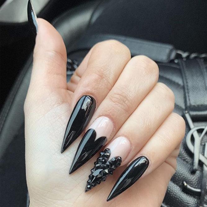 Black Nails With Heart Art #crystalsnails #blacknails