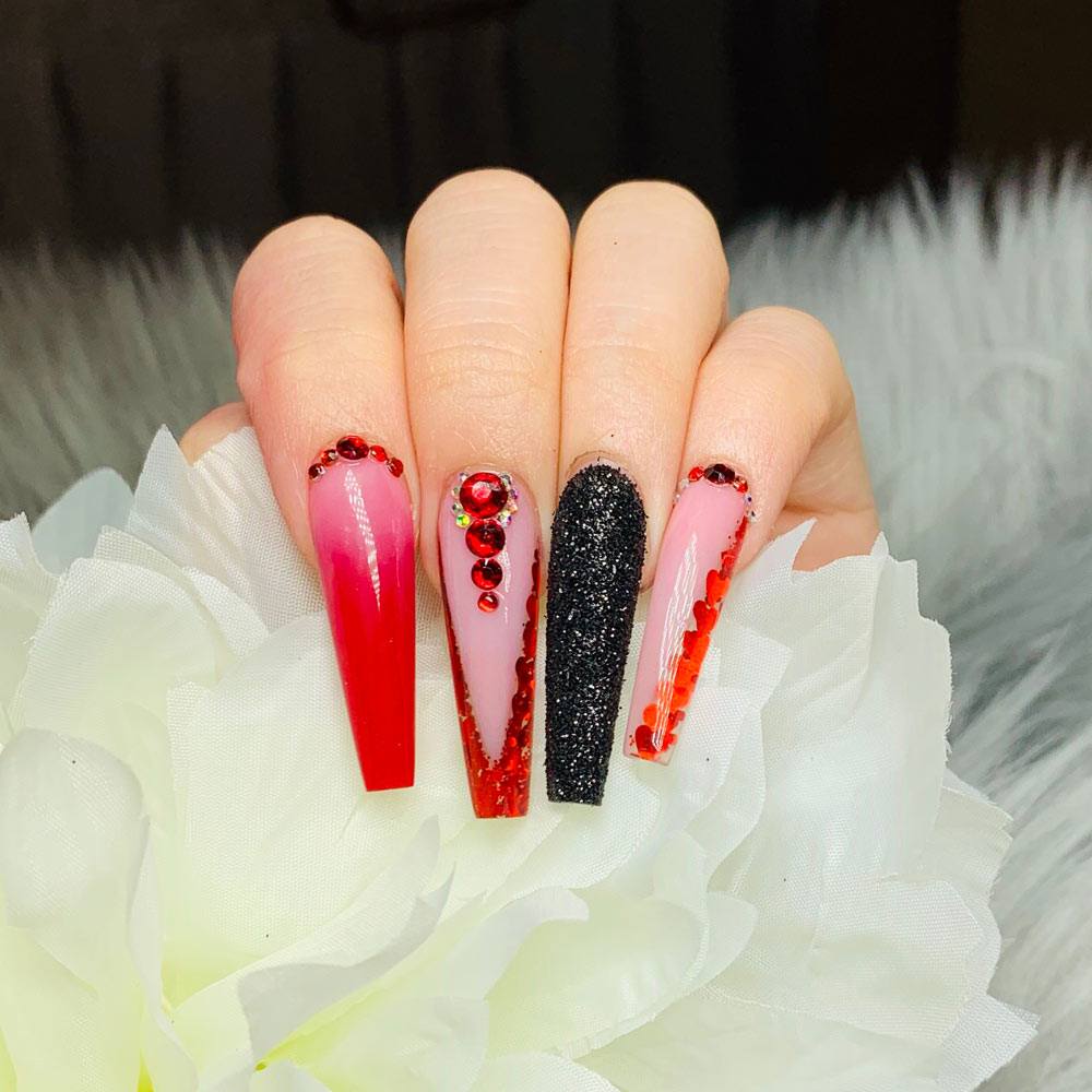 Long Valentines Day Nails Design with Rhinestones