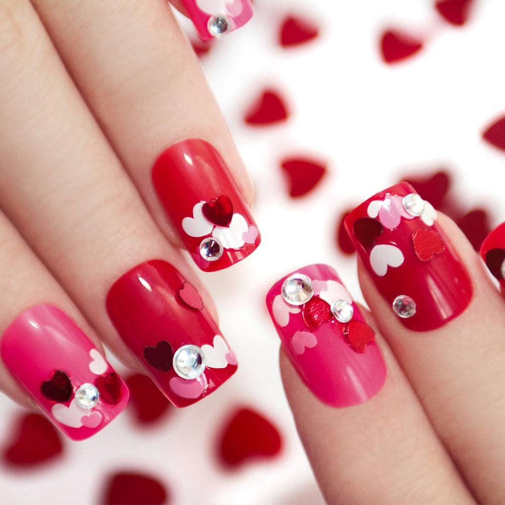 Pink Shades Nails with Hearts for Valentines Day