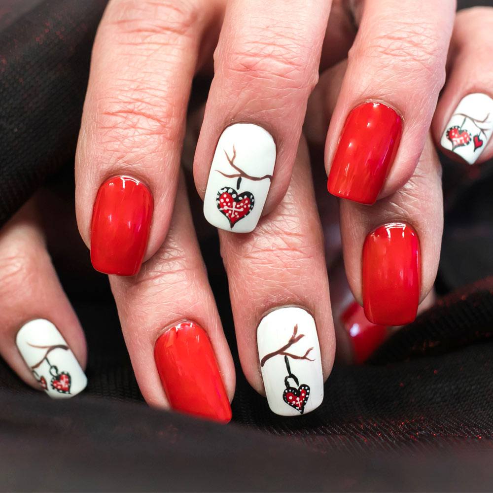 Red and White Nails with Nail Art