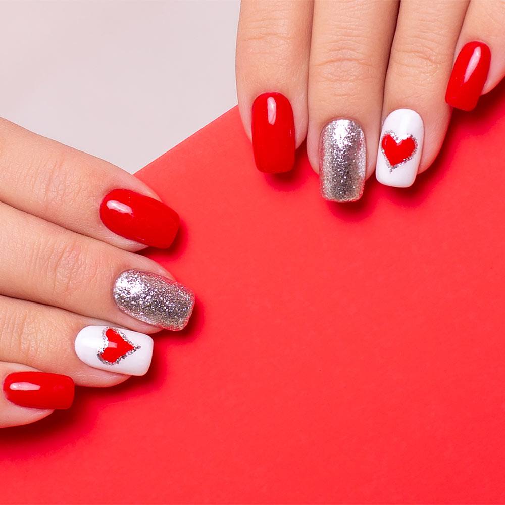 Red Colored Nail Designs with Hearts