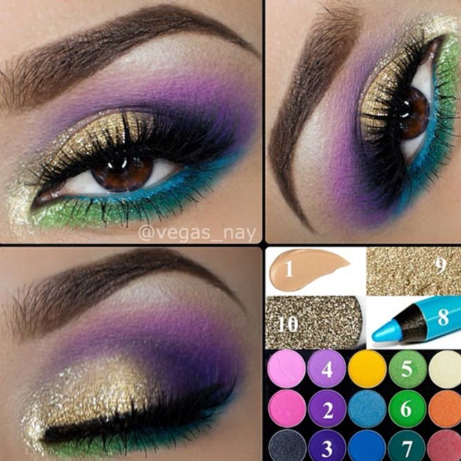 Purple, Green and Gold Eyeshadows on Brown Eyes