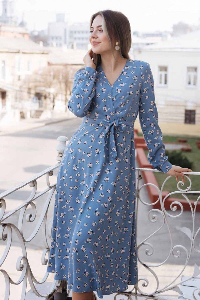 Long Blue Floral Dress with Sleeves