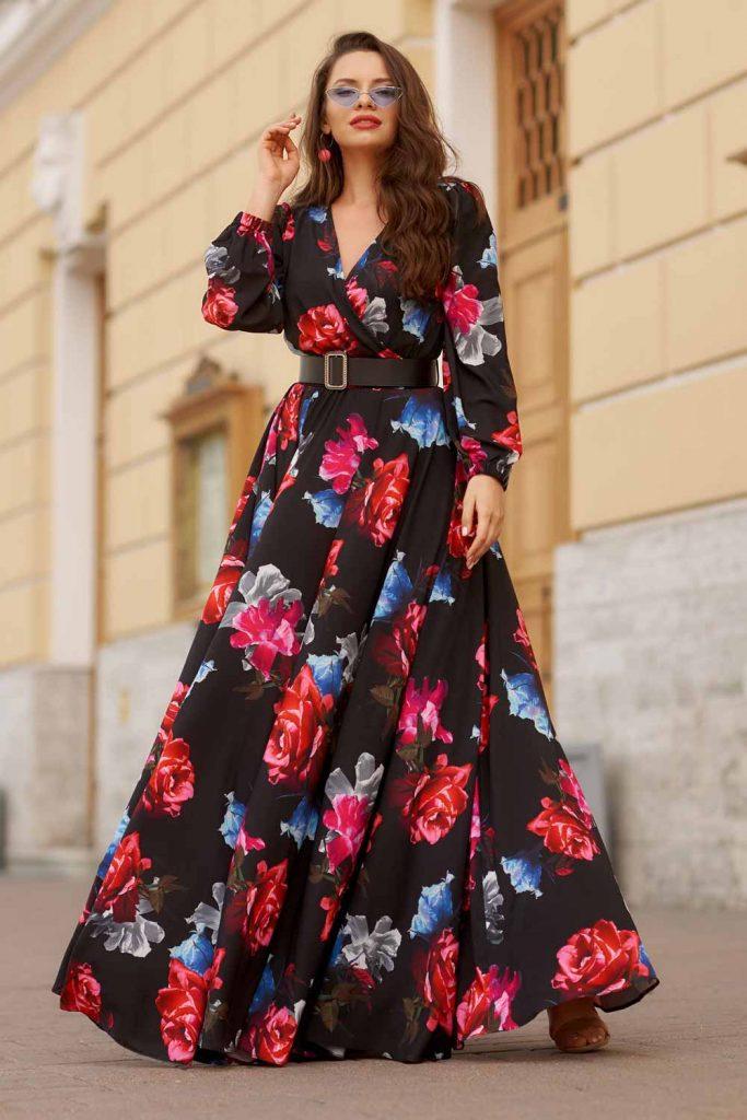 Dark Belted Floral Dress with Long Sleeves