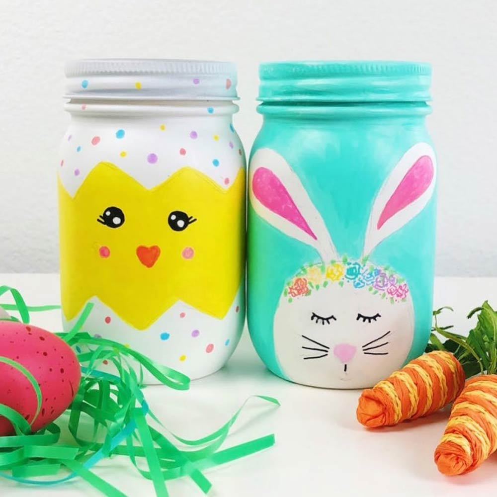 Chick And Bunny Painted Jars #paintedcandyjars