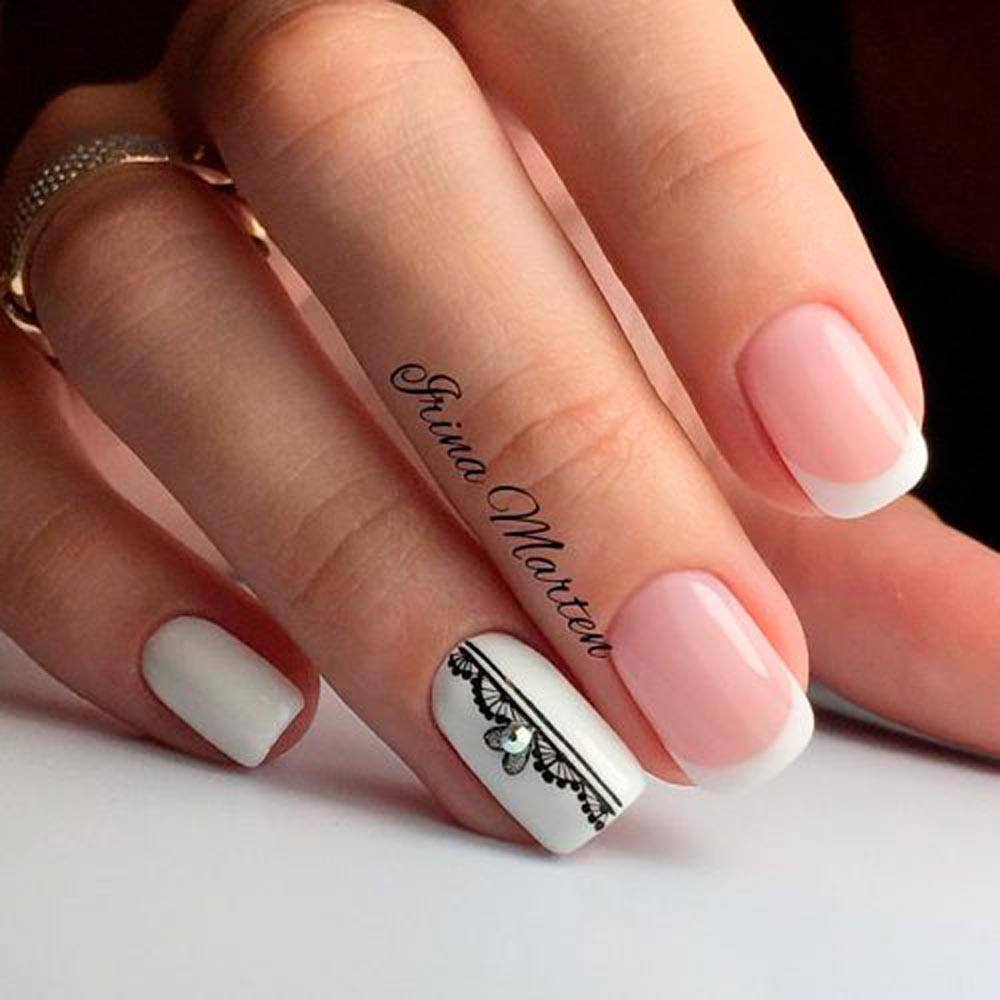 Feminine French Manicure With Lace Accent #lacenails #squoval