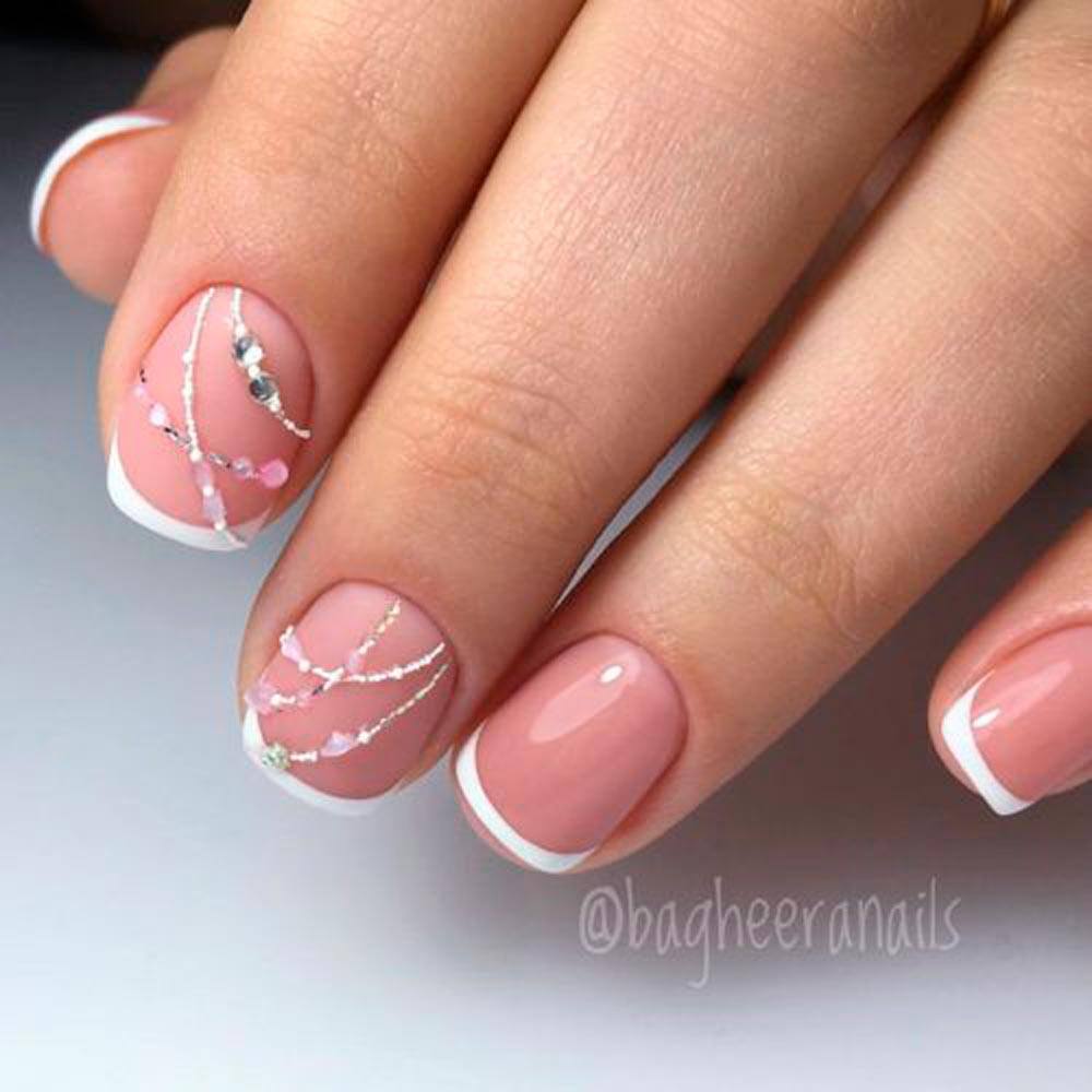 Classical French Manicure With Tiny Rhinestones #rhinestonesnails #sweetnails #nudenails