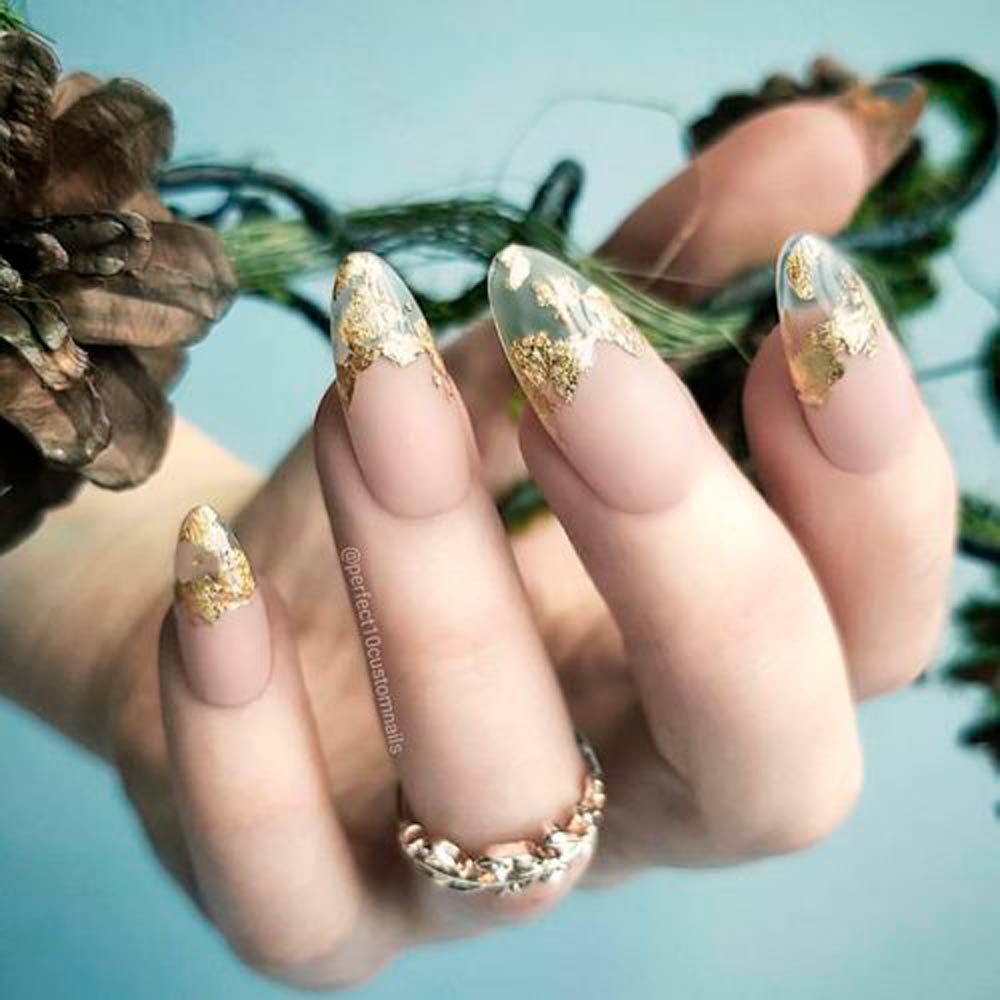 Matte French Nails With Gold Foil For Glamorous Look #mattenails #nudenails #foilnails #goldfoil
