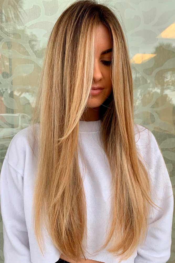 Natural Color Balayage With Long Bangs #blondehair #balayagehairstyles
