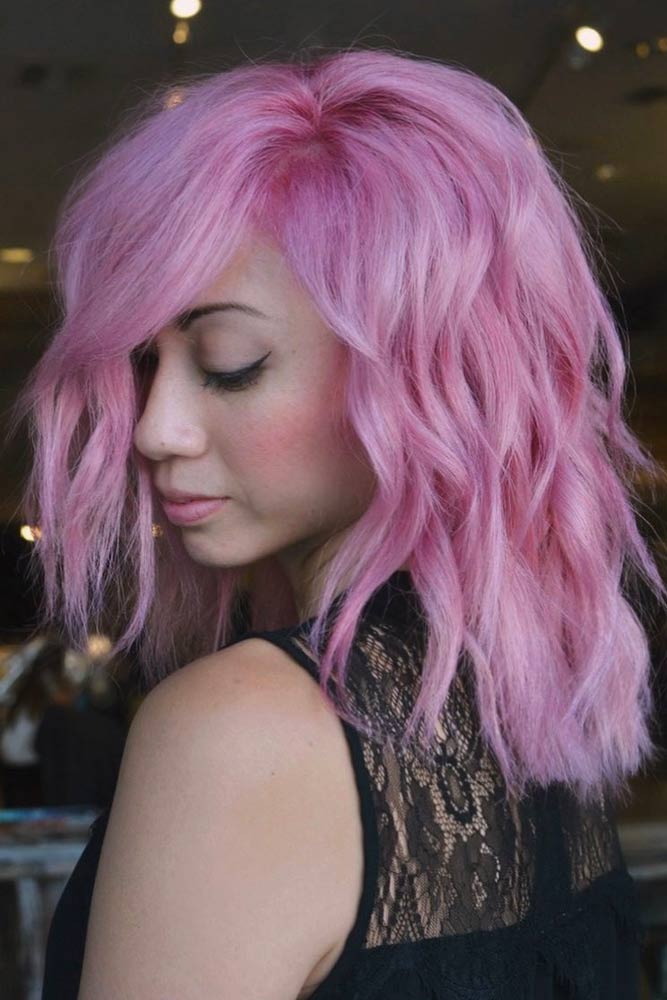 Pink Color Medium Length Layered Hairstyles With Long Bang
