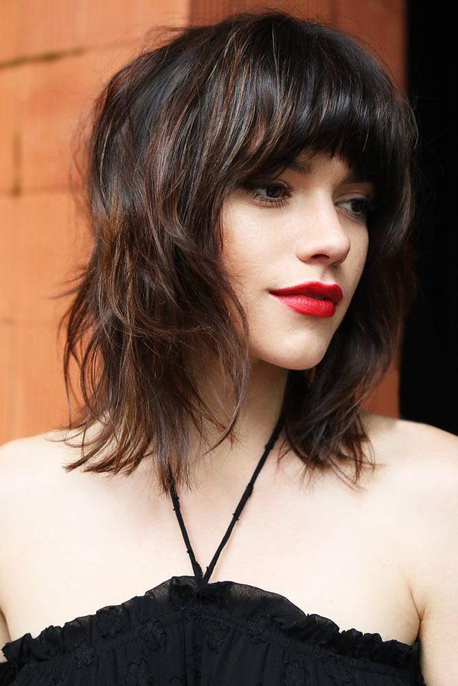 Medium Bob With Light Ends And Thick Bangs #mediumhair #bangs #shaggy