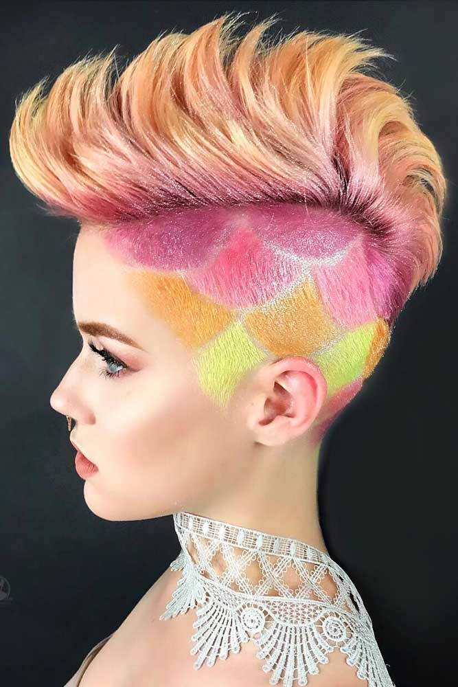 Mohawk Haircut With Bright Shaved Pattern #shavedpattern #brighthairstyles