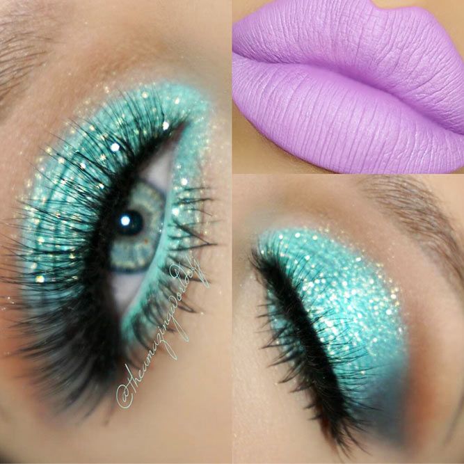 Blue Glitter Eyeshadow With Purple Lipstick #purplelipstick