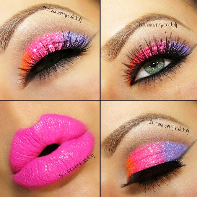 Pop Of Colors Glitter Makeup Idea #pinklips #shimmershadow