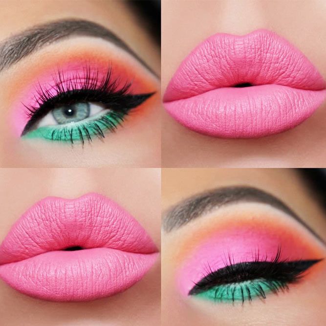 Pink And Green Eyeshadow With Bold Black Eyeliner #pinklipstick