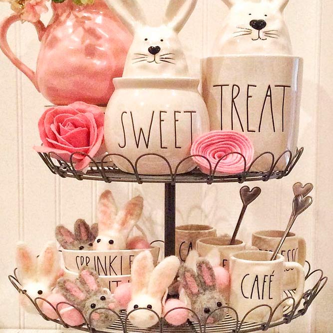 Tiered Tray With Ceramic And Textile Bunnies #eastertieredtray