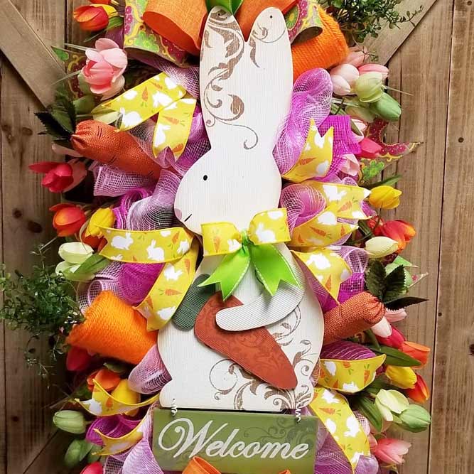 Easter Ribbon Wreath With Wood Rabbit #woodsign #ribbon