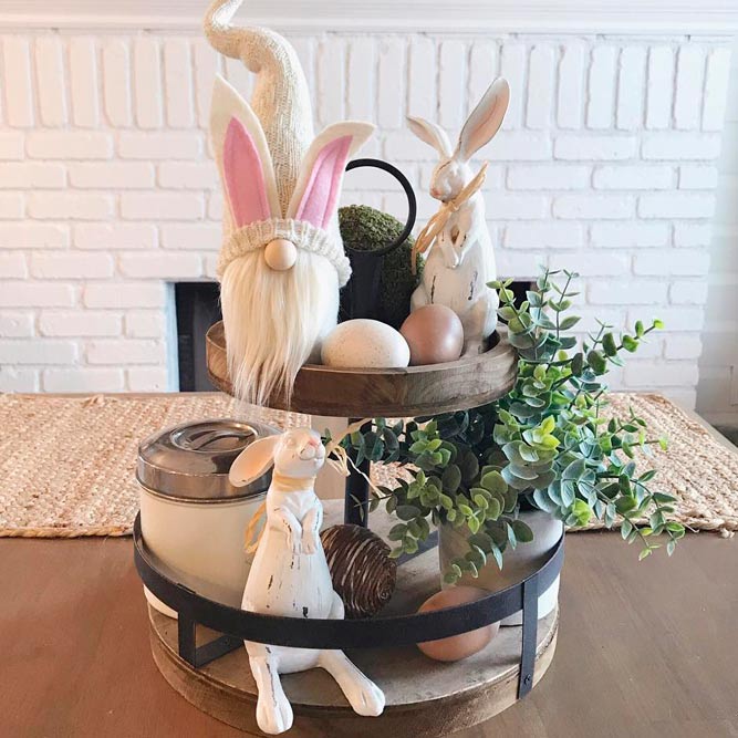 Easter Tiered Tray With Ceramic Bunnies And Bunnygnom #gnomdecor