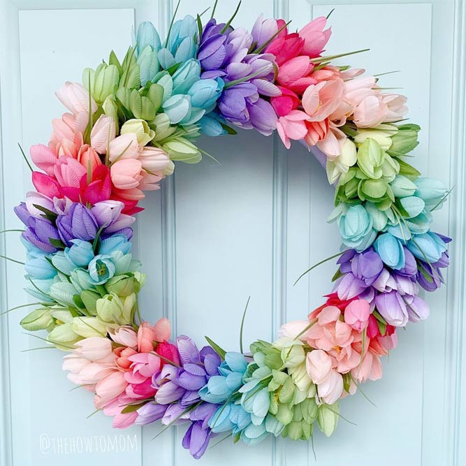 Colorful Flowers Easter Wreath Design #tulips #easterflowers