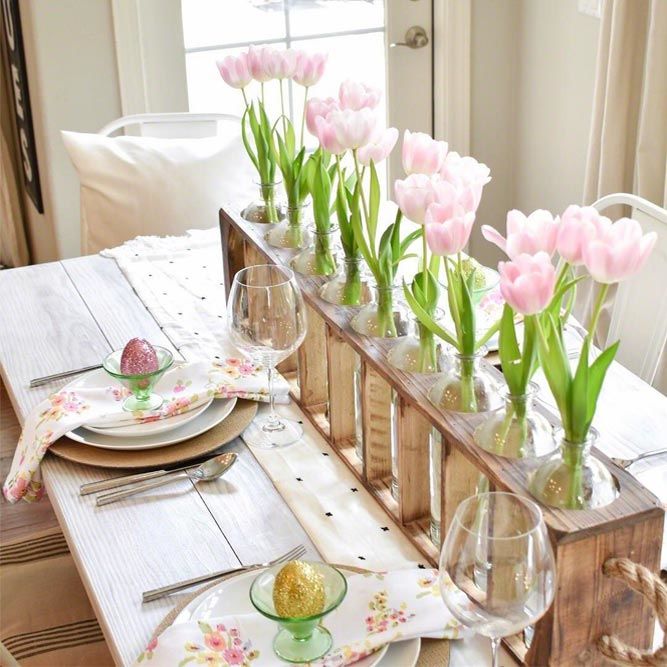 Easter Table Space With Tulips Centerpiece #flowerscenterpiece