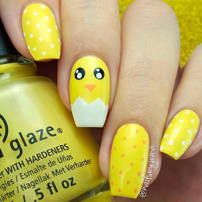 Bright Yellow Chicken Nails With Polka Dots #polkadotsnails #chickennails #yellownails